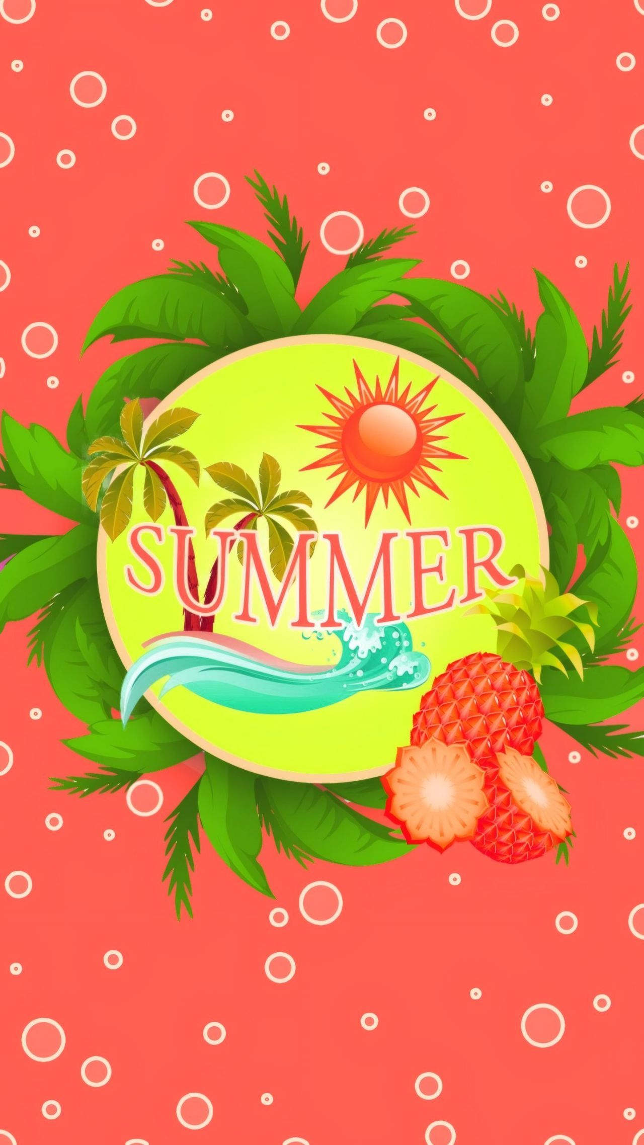 Summer tropical illustration with sun palm trees fruit