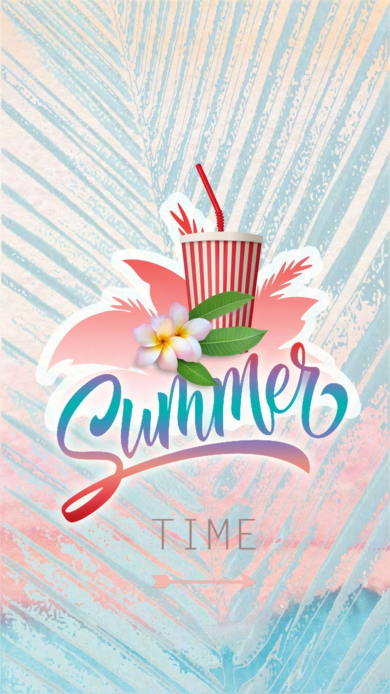 Summer Time text with drink and plumeria flowers