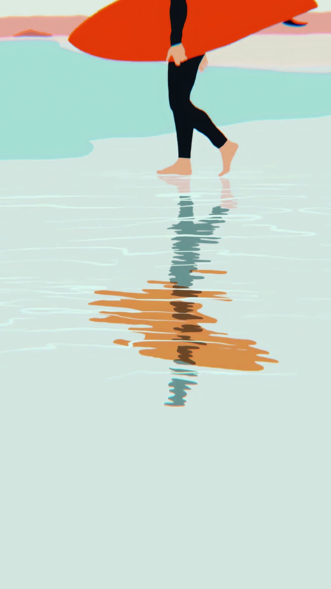 Person carrying surfboard walking by water with reflection