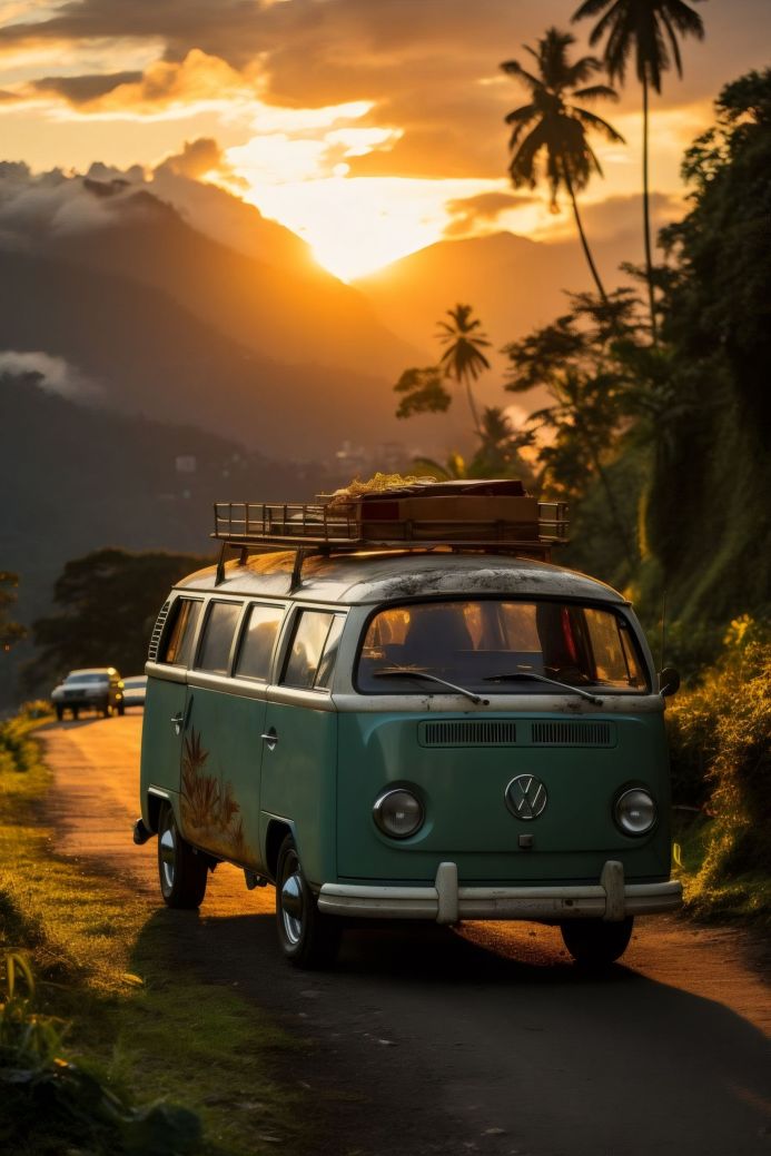 Teal Volkswagen van on a road with a sunset and palm trees