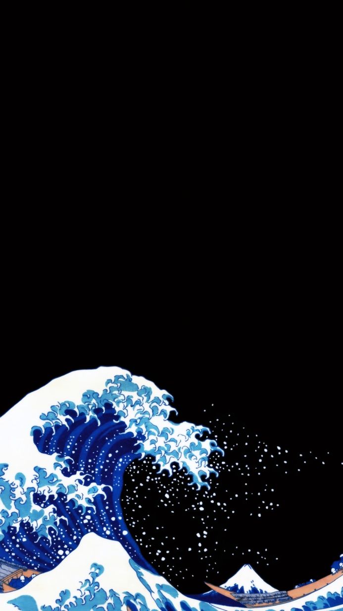 The Great Wave off Kanagawa: a powerful wave dominates the scene with Mount Fuji in the background
