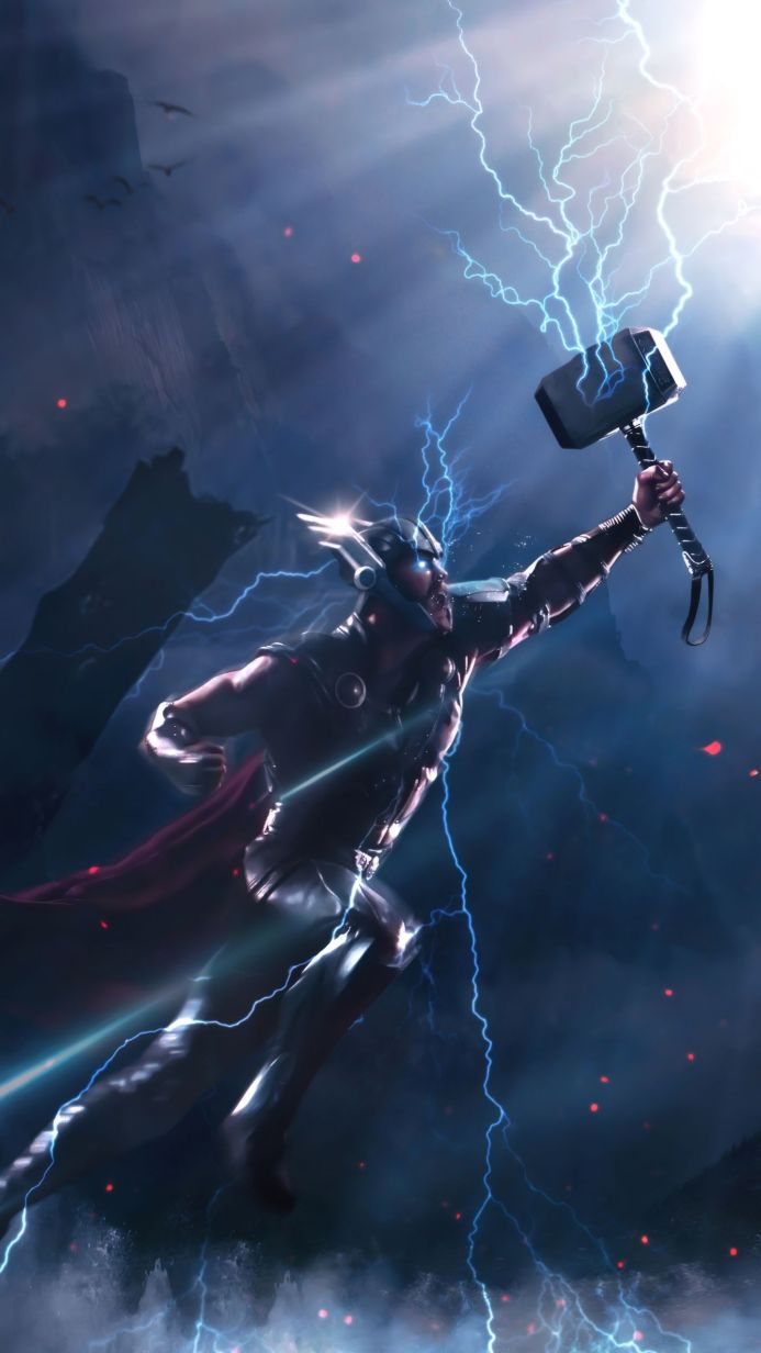 Thor in flight, wielding Mjolnir with lightning surging around him, mountains in the background
