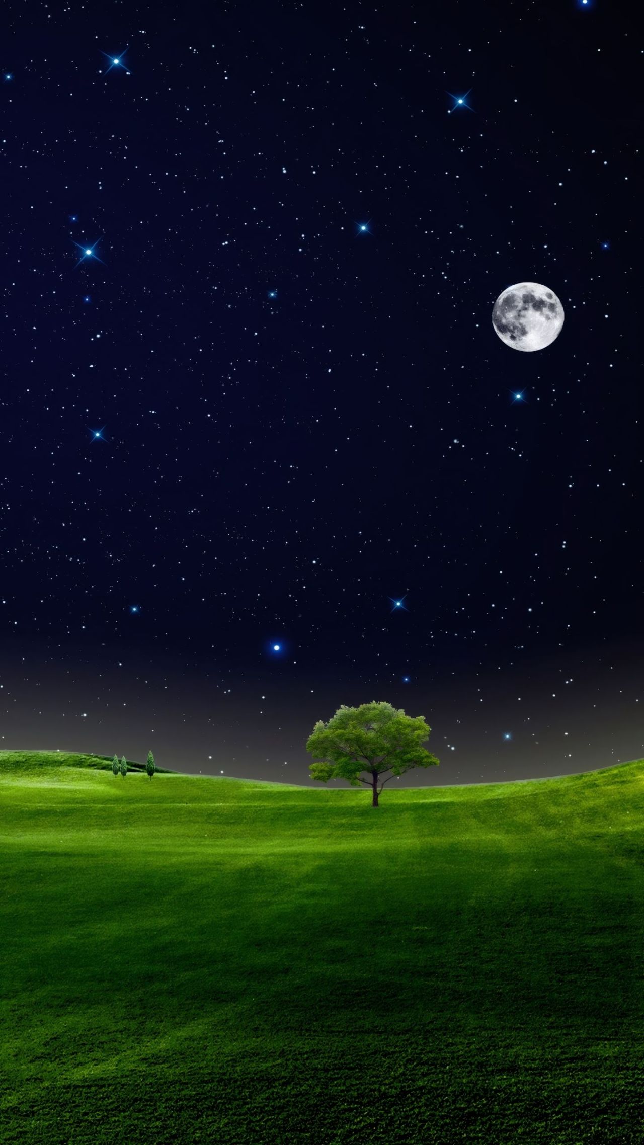 Lone tree moon stars night sky landscape
