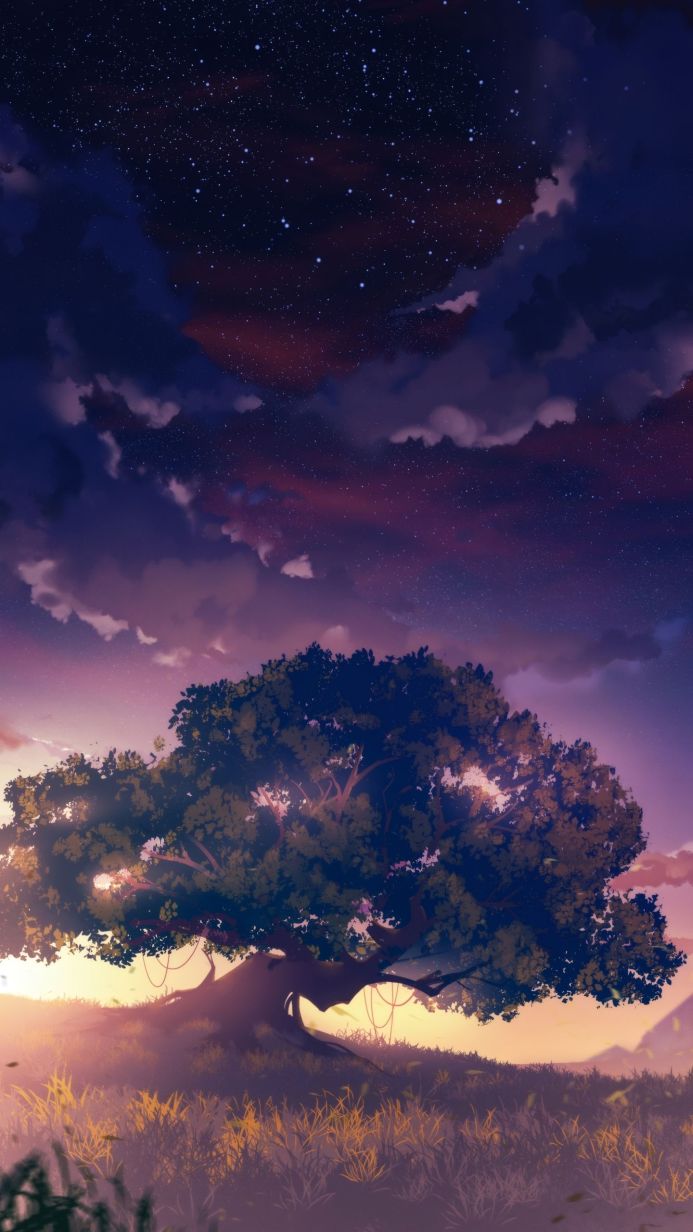 Tree under starry sky landscape with mountains during sunrise illustration