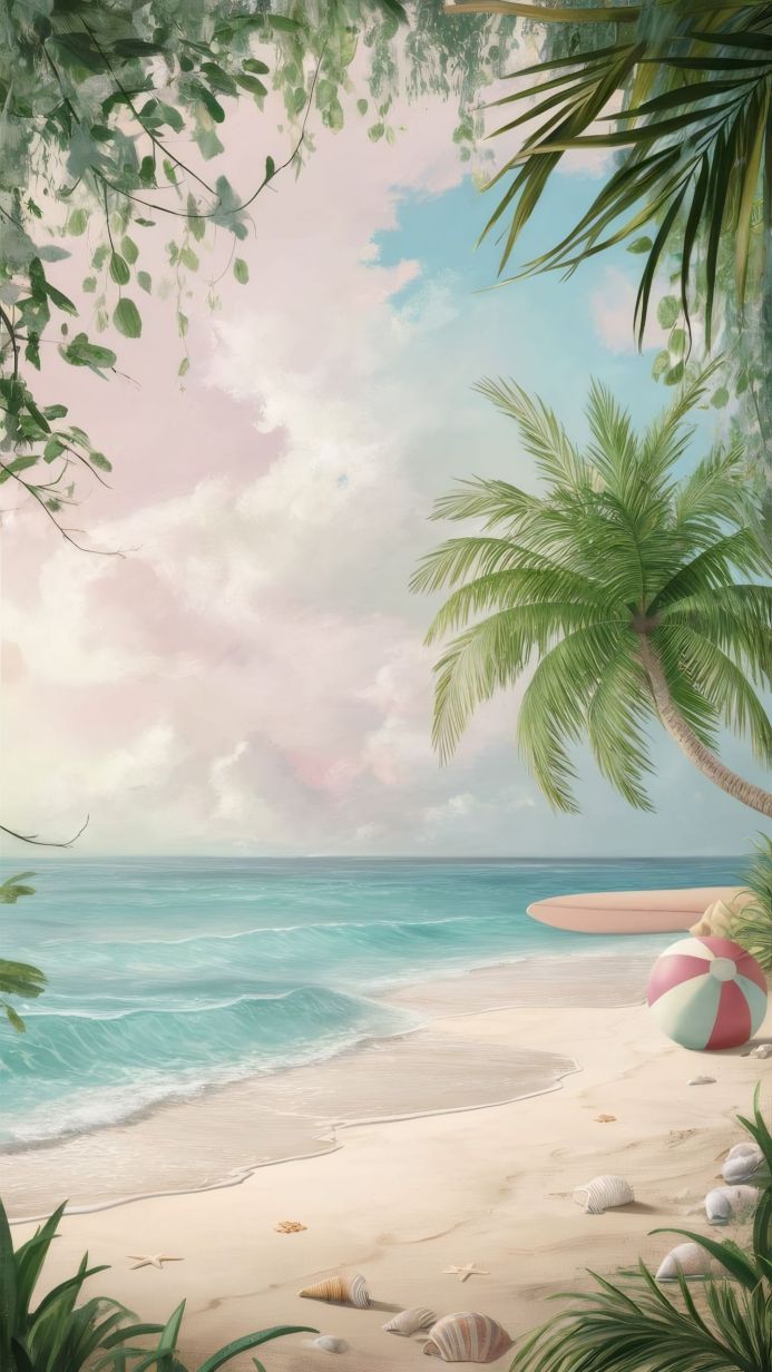 Tropical beach scene with a beach ball, palm tree, surfboard, and seashells