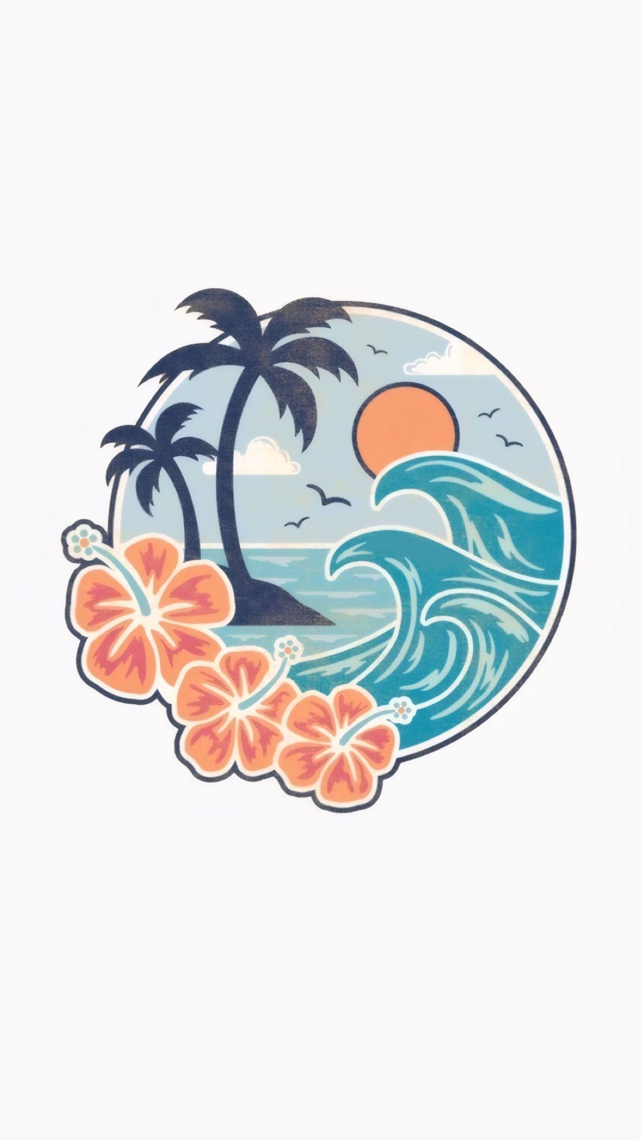 Tropical beach palm trees ocean waves sun hibiscus flowers