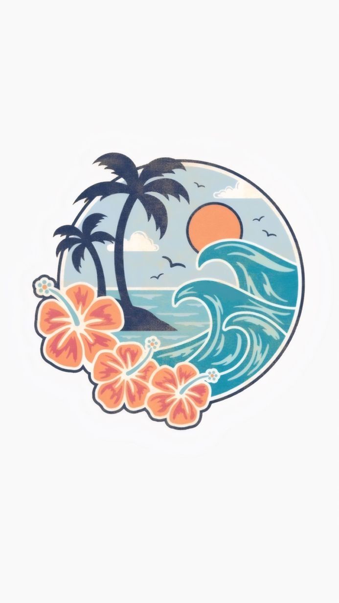 Tropical scene with palm trees, hibiscus flowers, waves and sun inside a circle