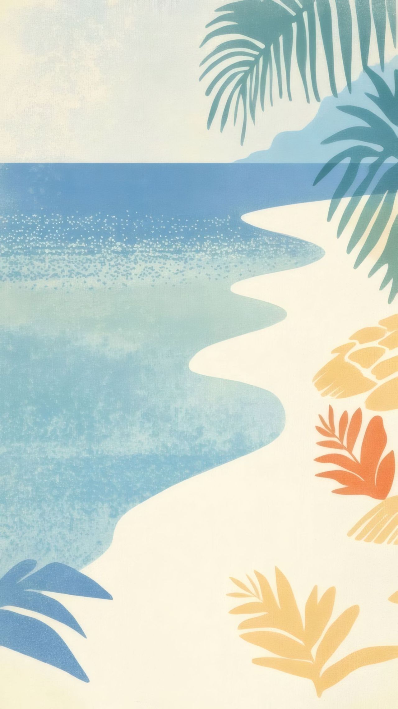 Stylized tropical beach illustration with palm leaves