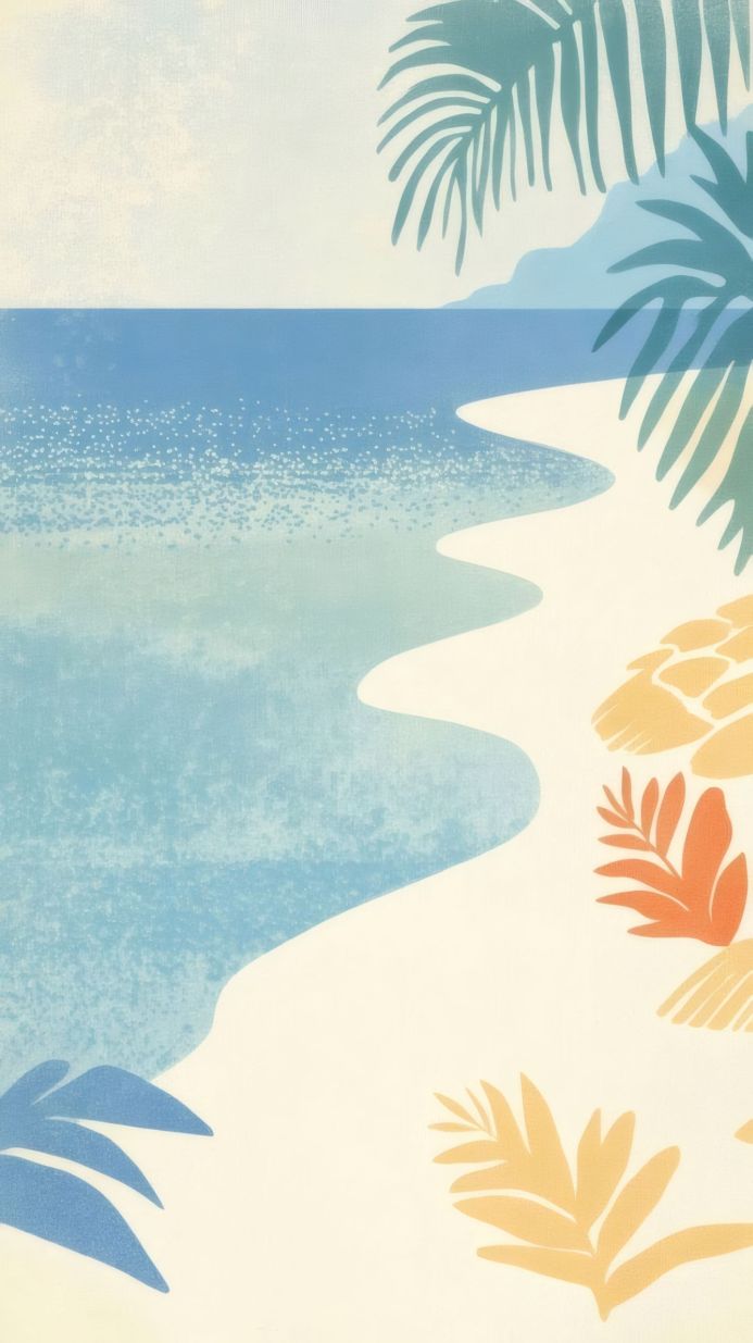 Abstract illustration of a beach with palm trees and blue water