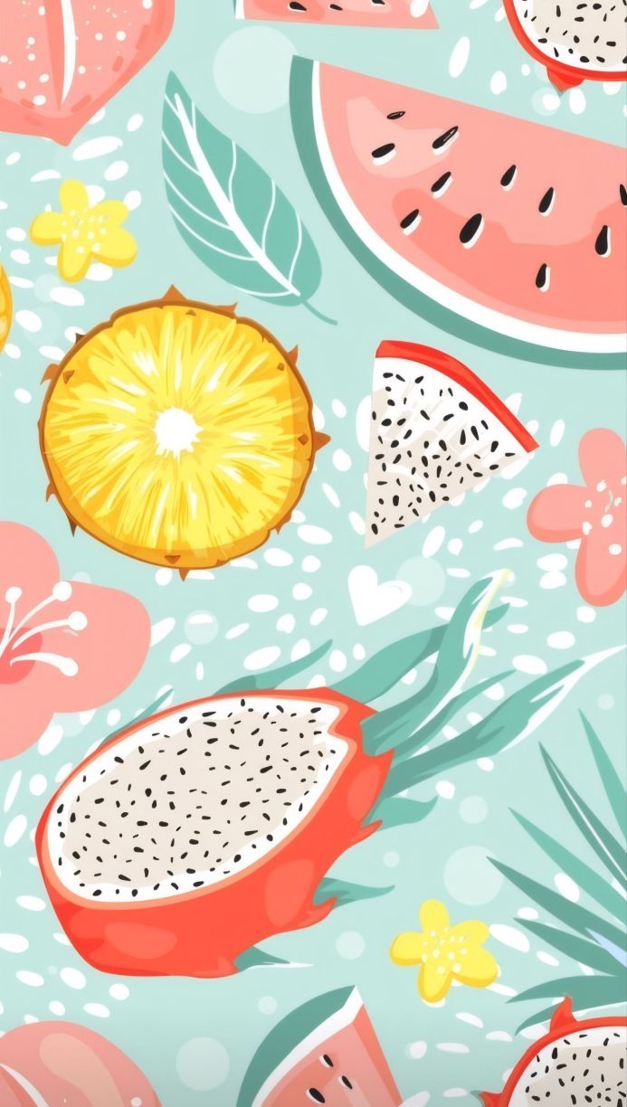Colorful illustration of watermelon, pineapple, and dragon fruit on a light blue background