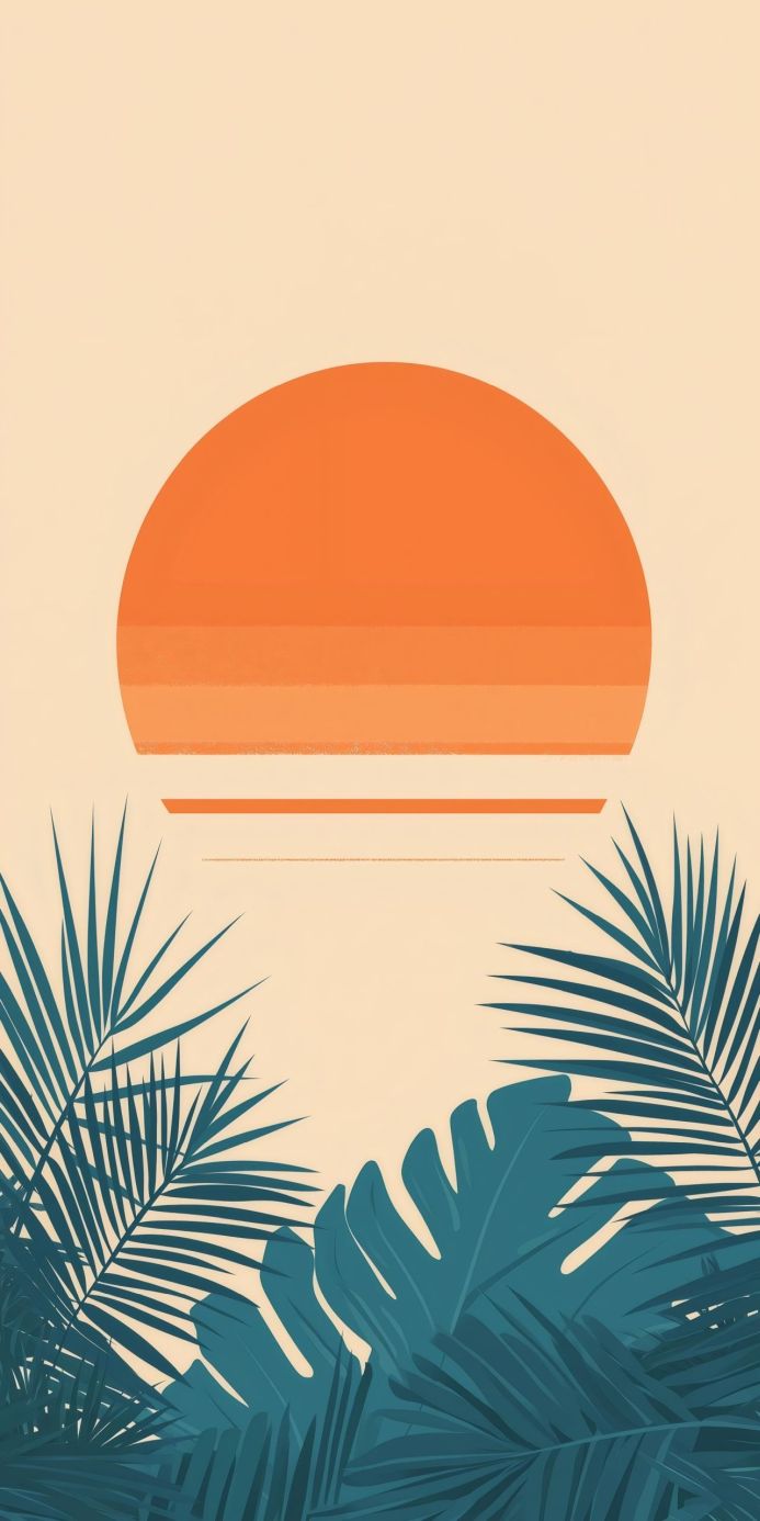 A minimalist illustration of a tropical sunset with palm leaves