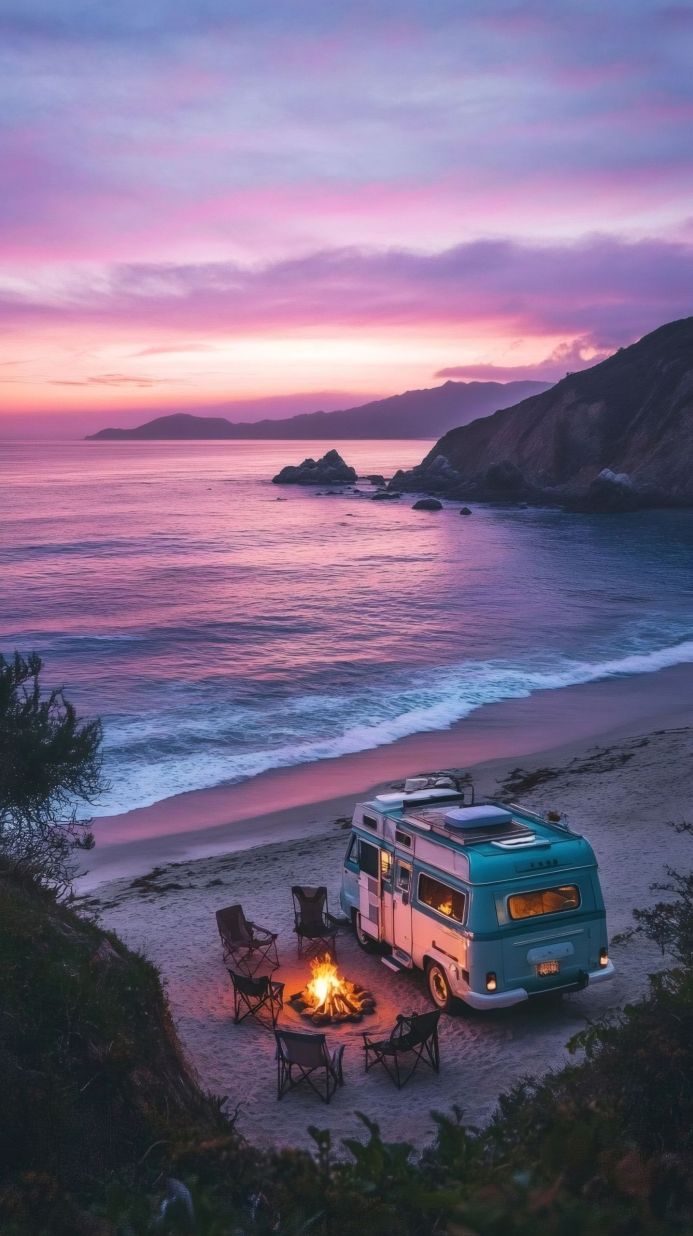 A van parked on a beach next to a campfire at sunset