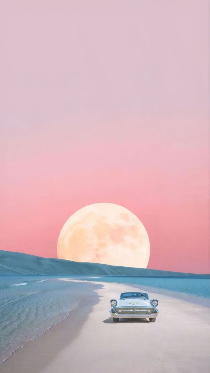 Vintage car on a beach with a large moon in the sky, pastel colors