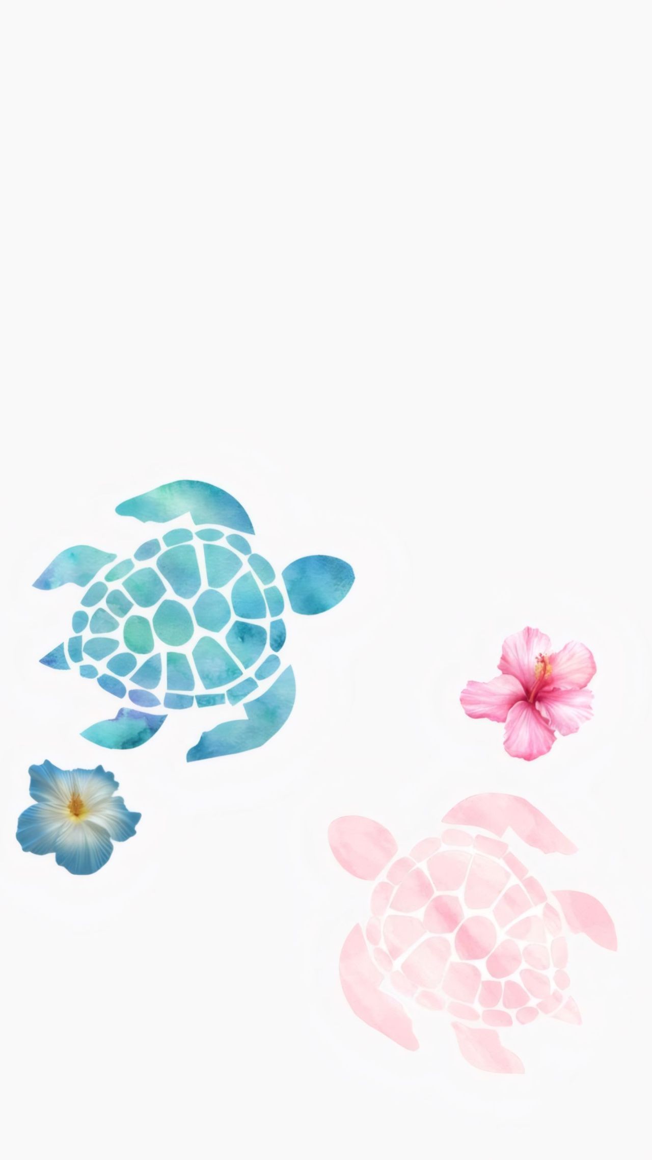 Two watercolor turtles and two flowers on white