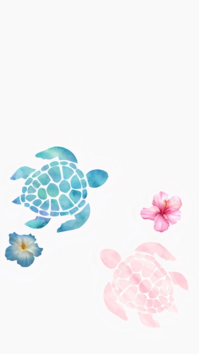 Watercolor illustration of turtles and hibiscus flowers in blue and pink colors on a white background