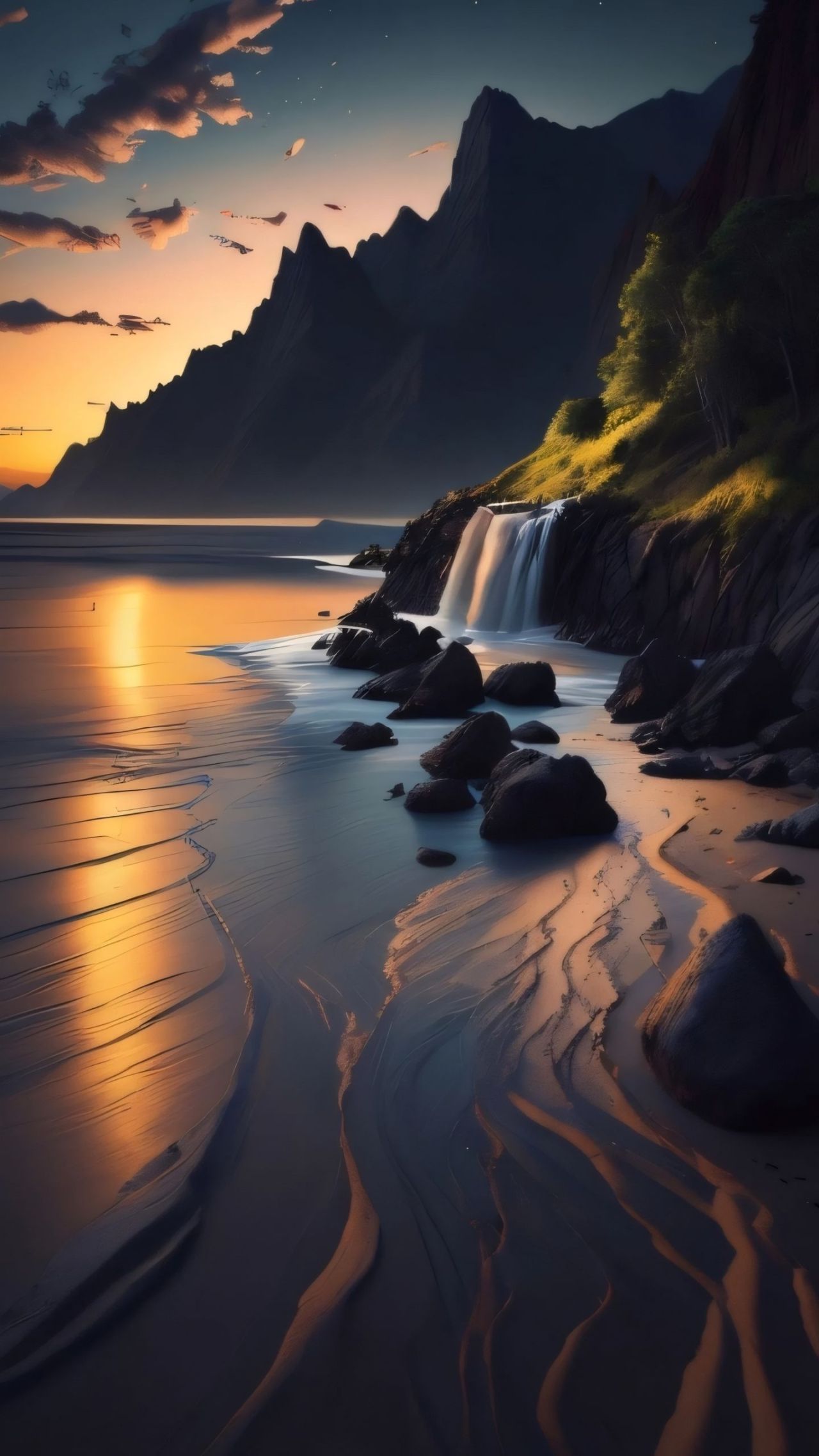 Waterfall on beach at sunset mountains background