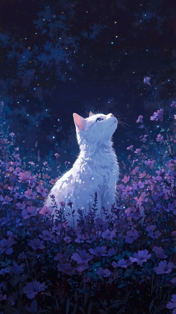 A white cat looking at the stars in a purple flower garden at night
