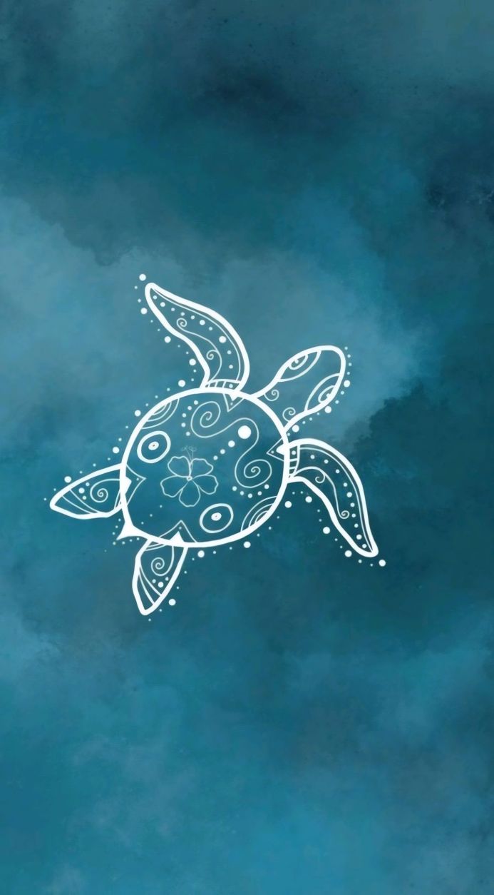 A white decorative turtle illustration against a blue textured background