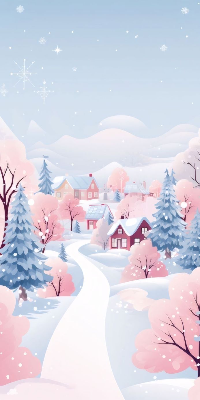 Winter village illustration with houses, trees, and snow in pastel colors