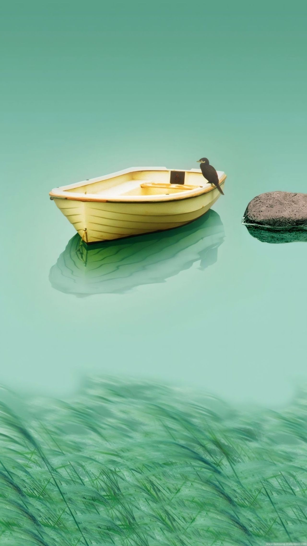minimalist scene with boat bird water rock