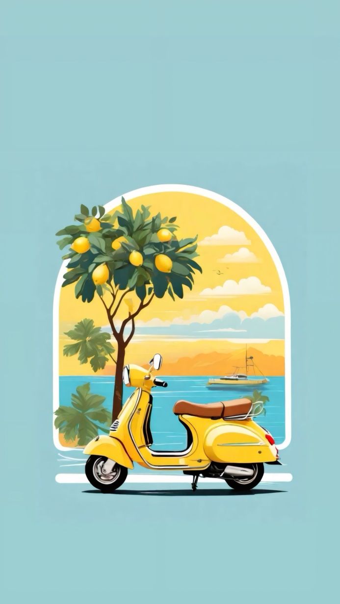 A yellow scooter with lemon tree, in the background the sea with boat