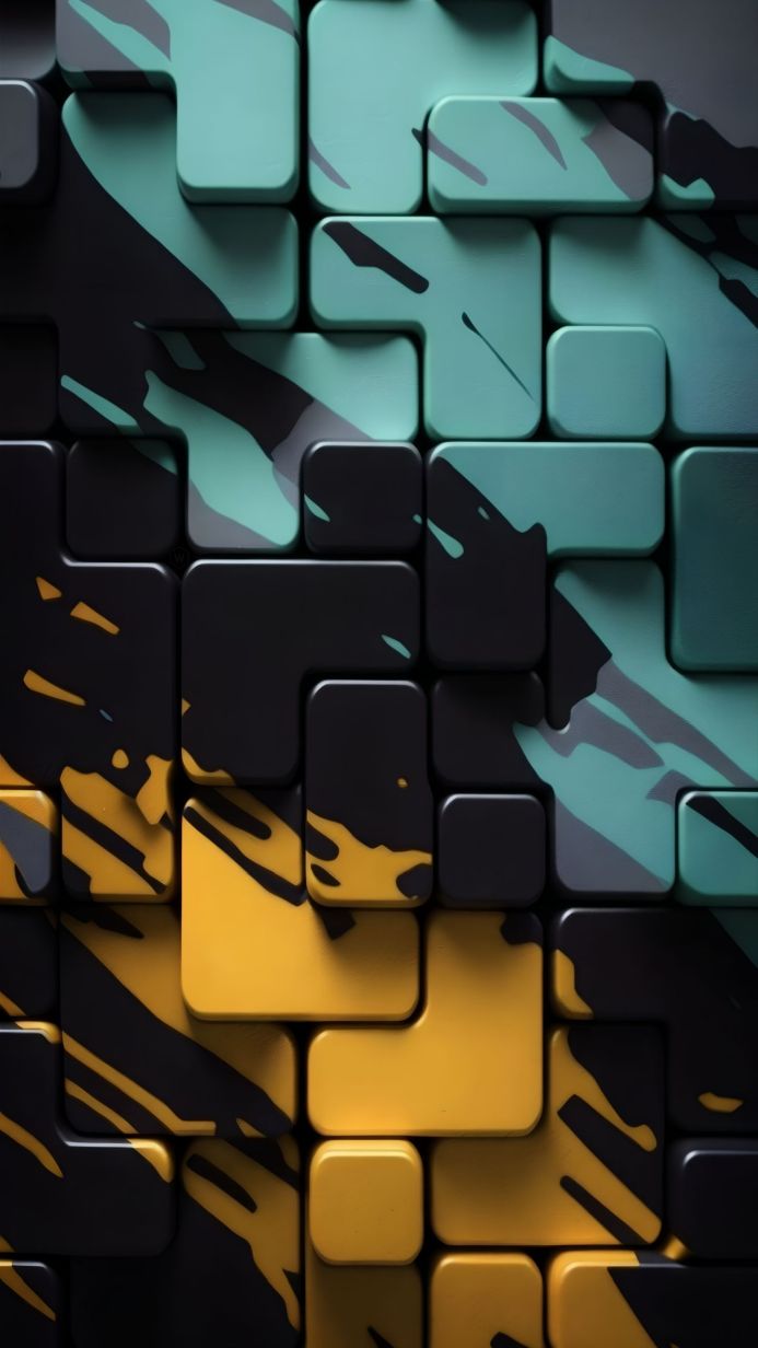Abstract 3D blocks in black, teal, and yellow with camouflage pattern