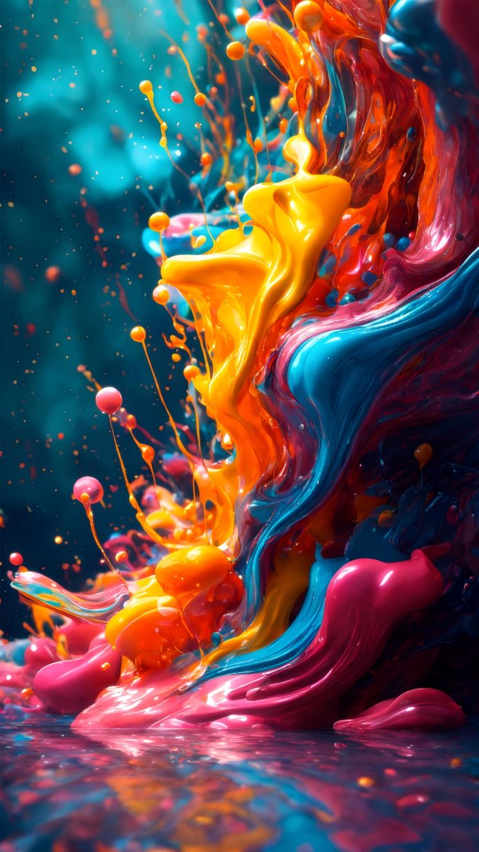 Colorful abstract image featuring splashing orange, yellow, blue and pink paint