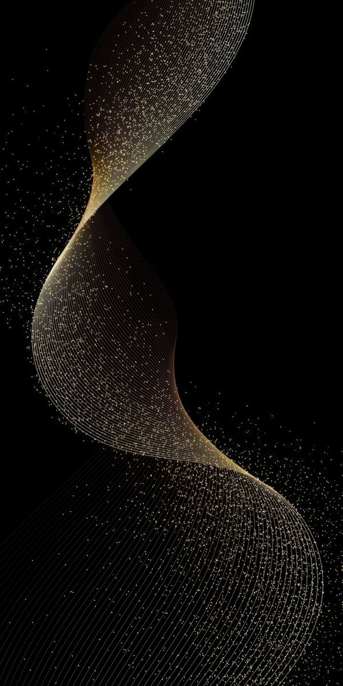 Abstract gold lines and dots on a black background creating a spiral effect
