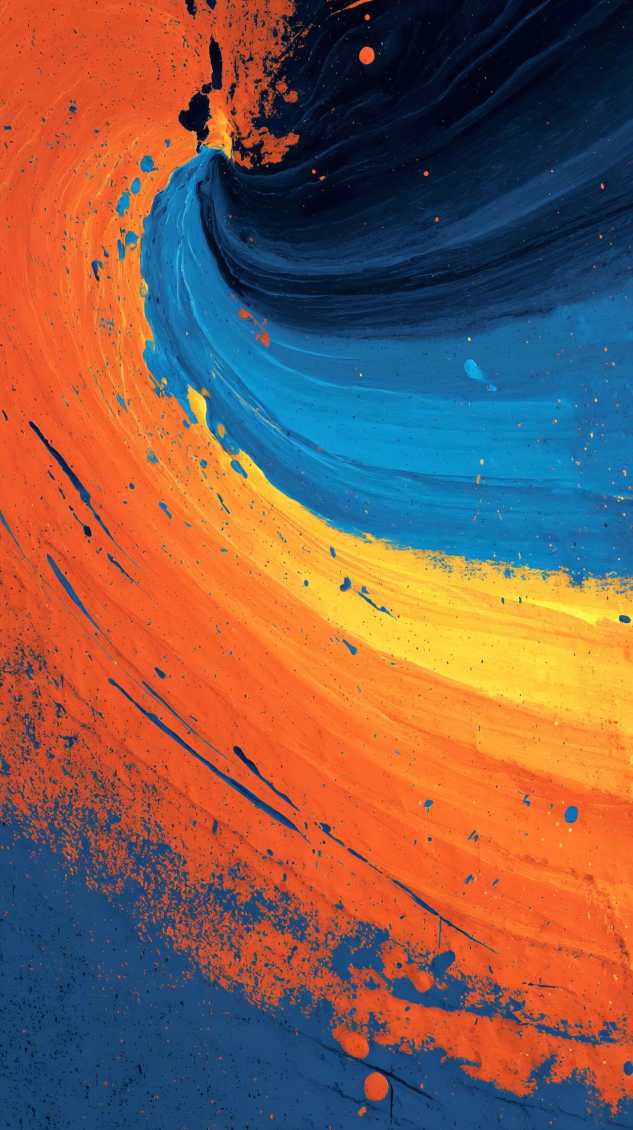 Abstract swirl of orange yellow blue paint