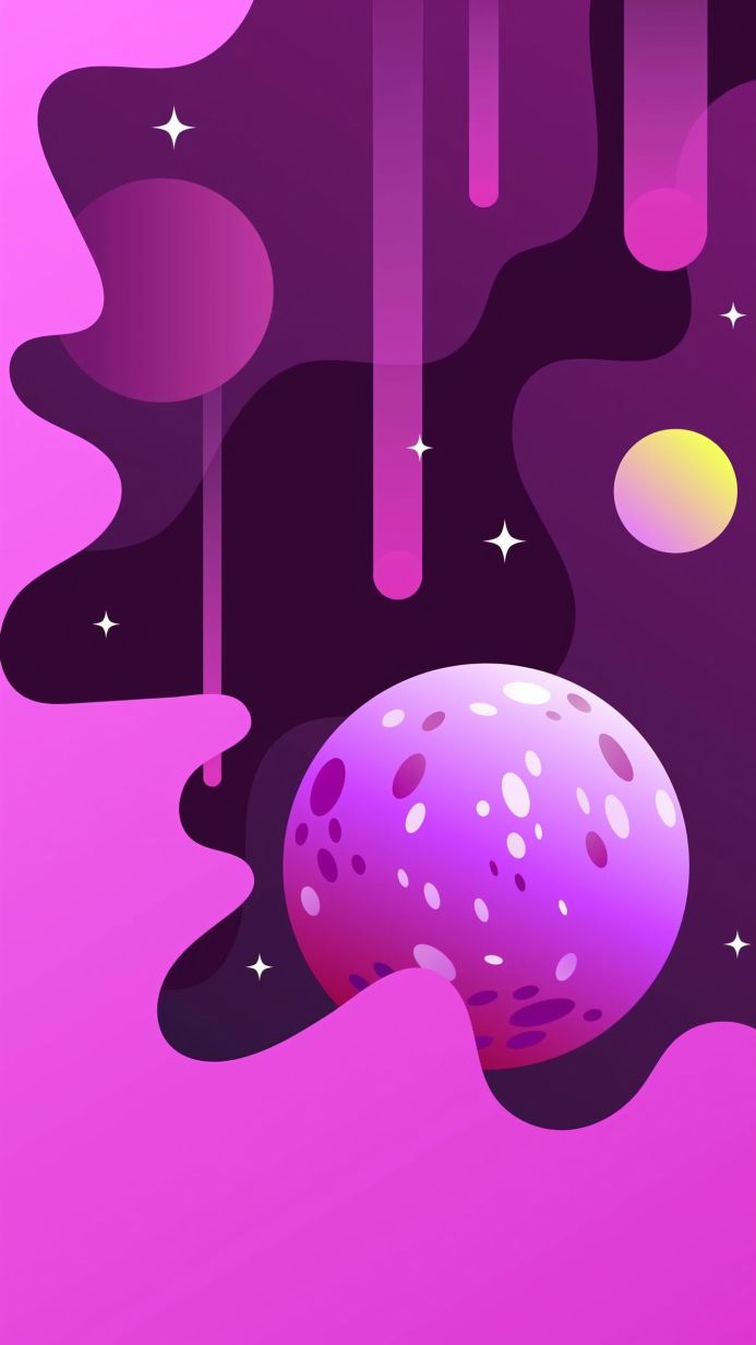 Abstract illustration of planets, stars, and cosmic forms in pink, purple, and yellow tones
