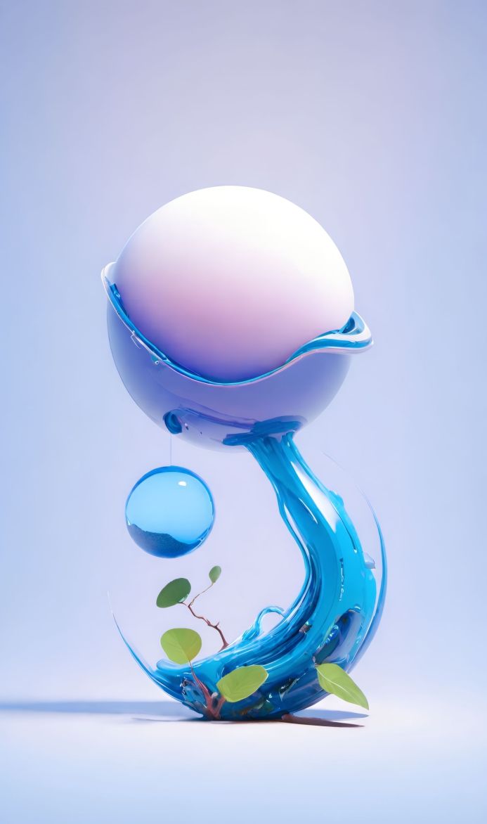 Abstract sculpture with a white sphere, blue glass, and green leaves