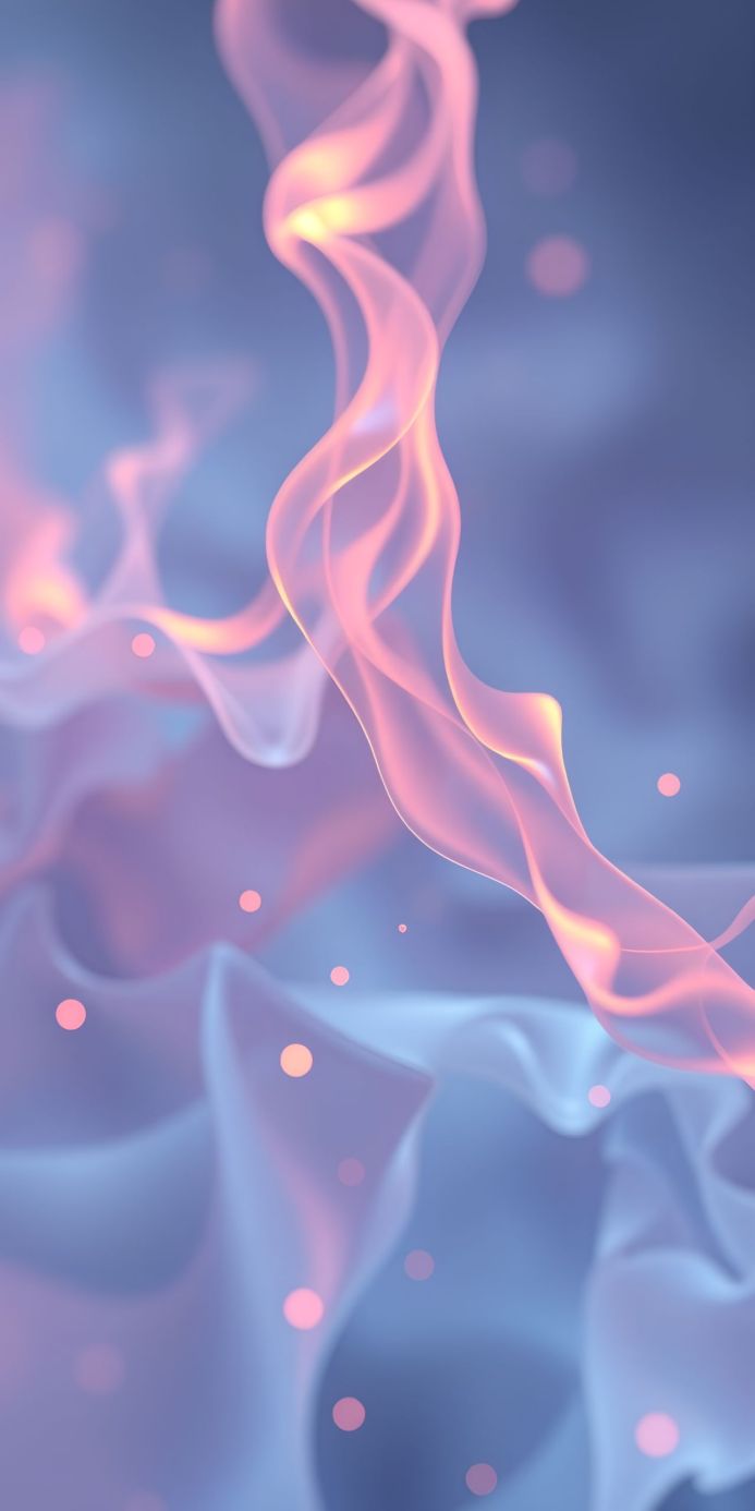 Abstract wavy shapes in shades of blue, pink, peach, and gold