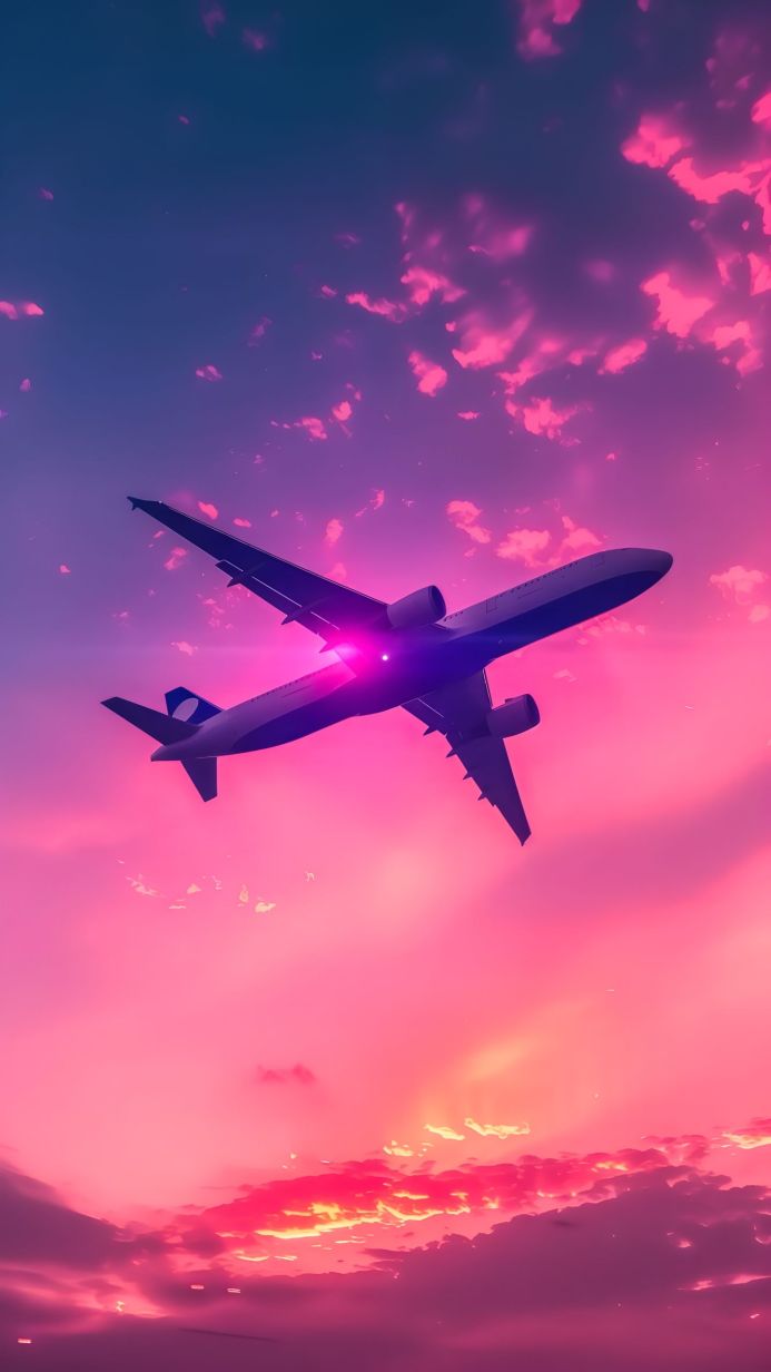 An airplane flying through a pink and blue sky at sunset
