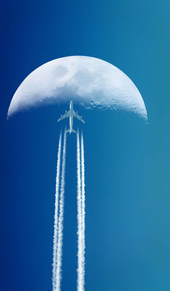An airplane flying towards the moon, leaving a white trail in the blue sky