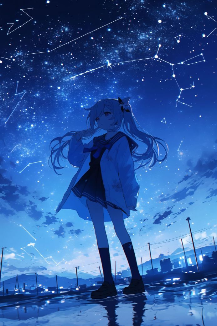 Anime girl in a school uniform looking at constellations in the blue night sky