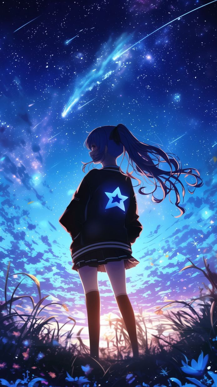 Anime girl watches a meteor shower under a starry sky