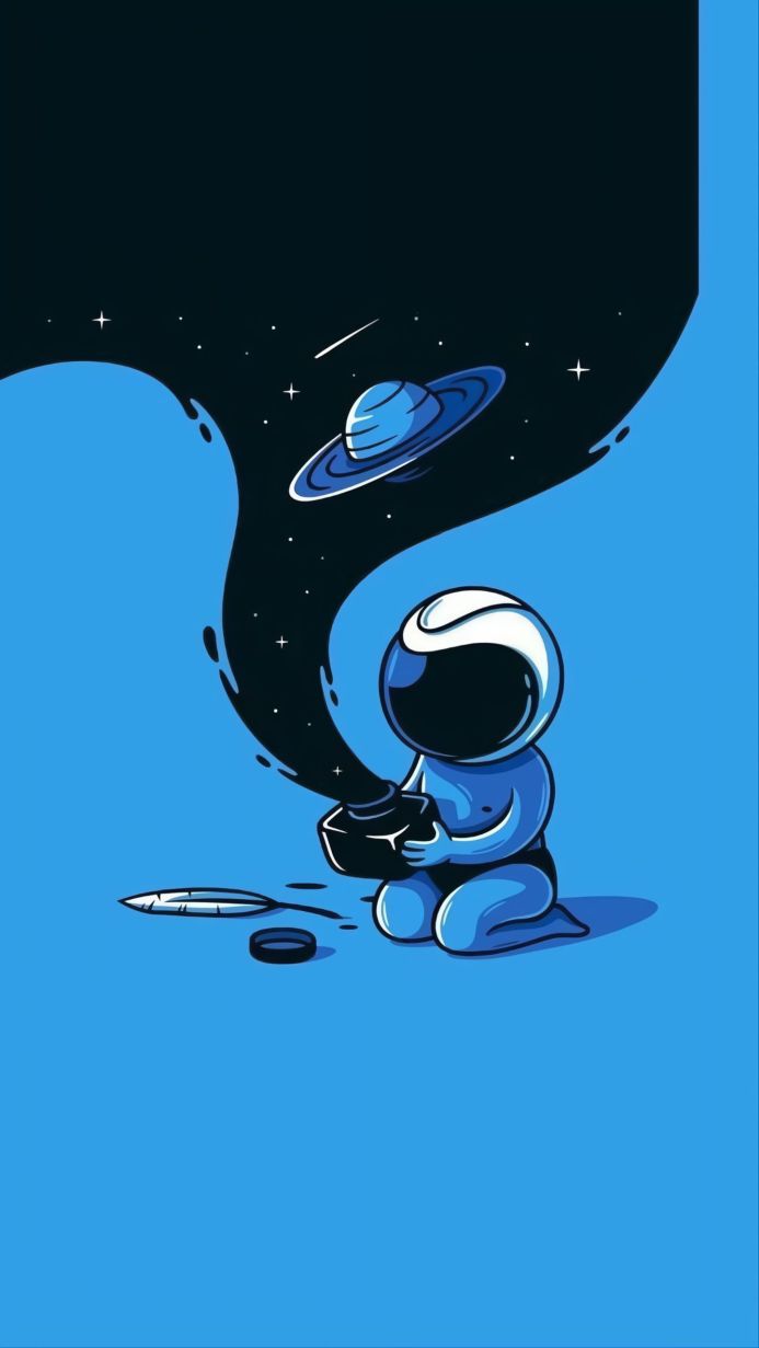 An astronaut sits, drawing a Saturn-like planet with ink from an inkwell. Stars and a comet are visible