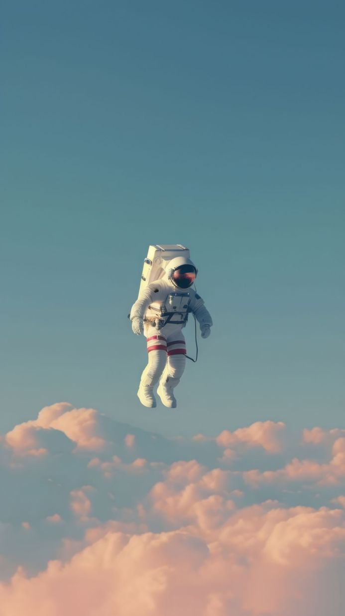 An astronaut floats among pastel pink clouds against a blue sky