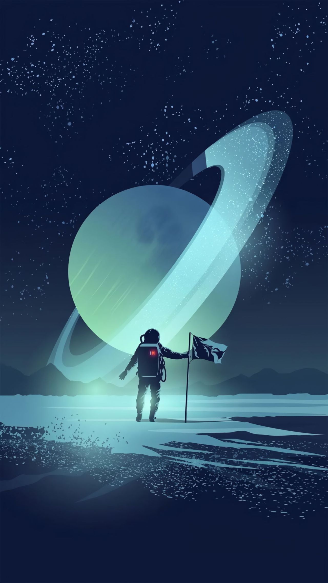 Astronaut on planet holding flag with Saturn rings