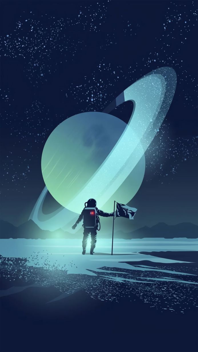 An astronaut stands on a planet with a flag, with a ringed planet in the background