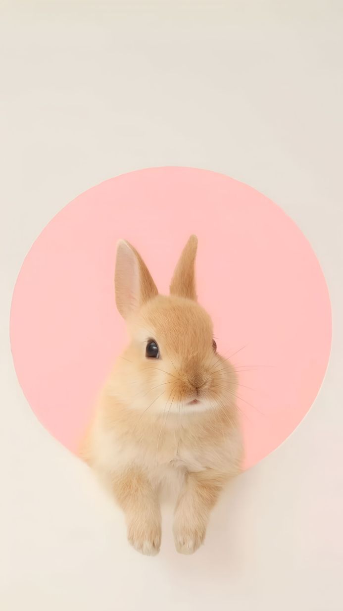 A cute beige rabbit peeking through a pink hole