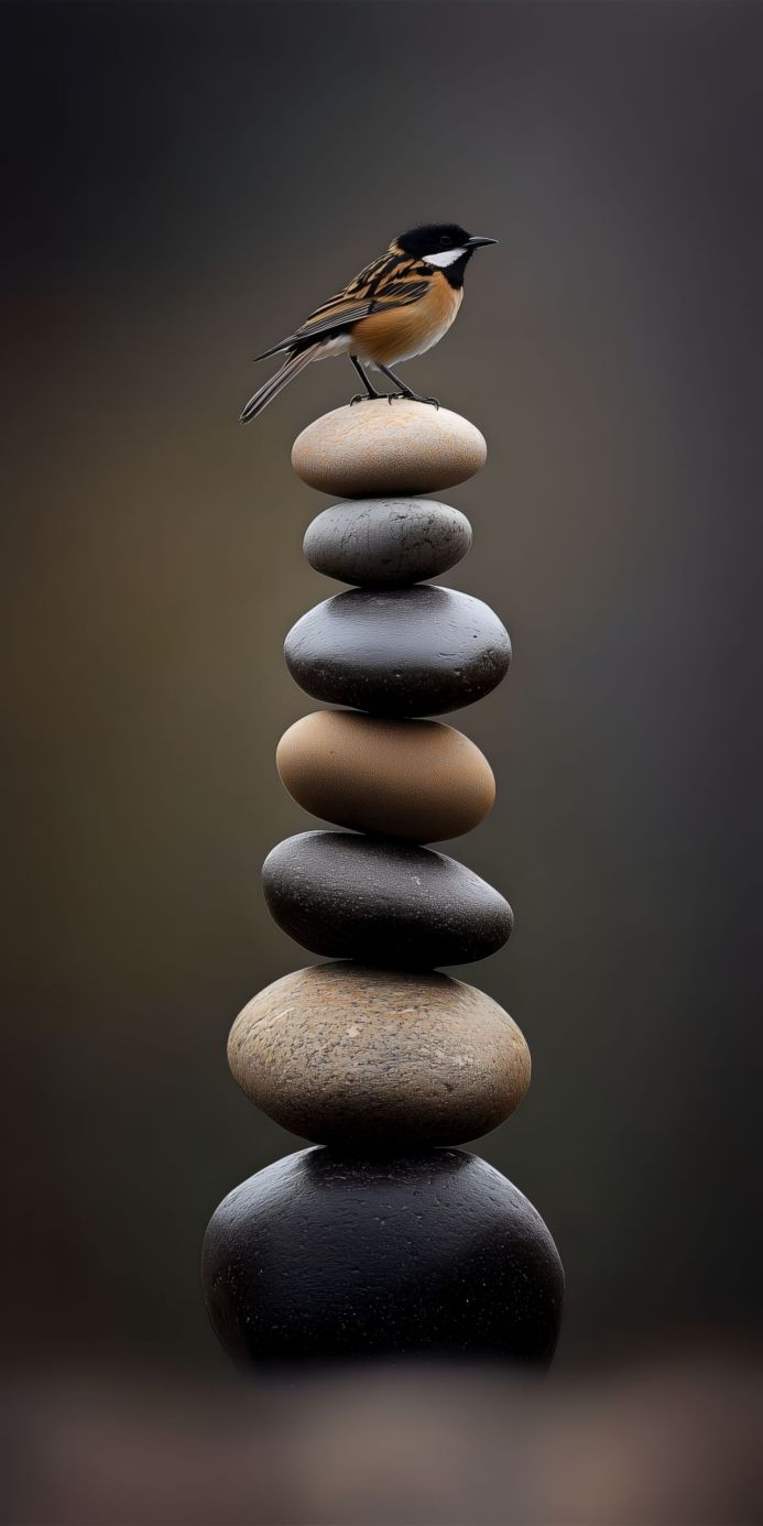 A bird perched atop a stack of balanced stones against a blurred background