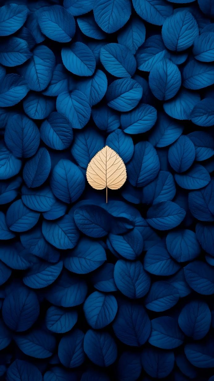 A golden leaf stands out among many blue leaves