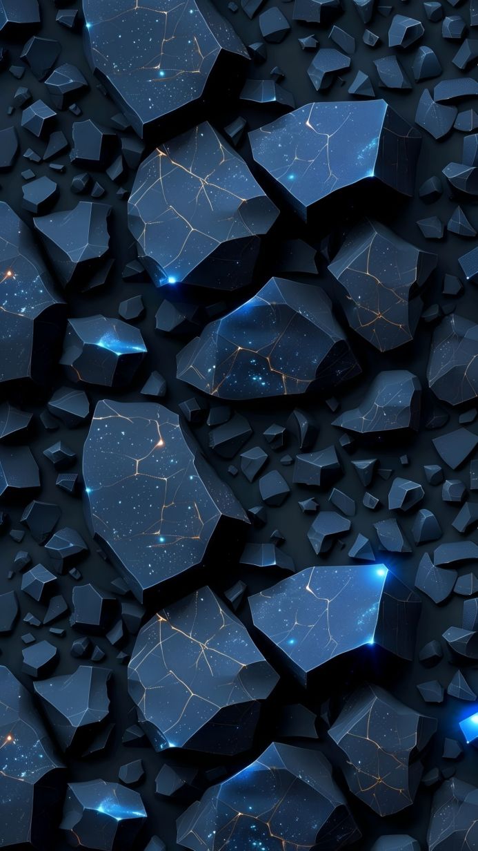 Geometric blue and black rocks with gold veins on a dark background