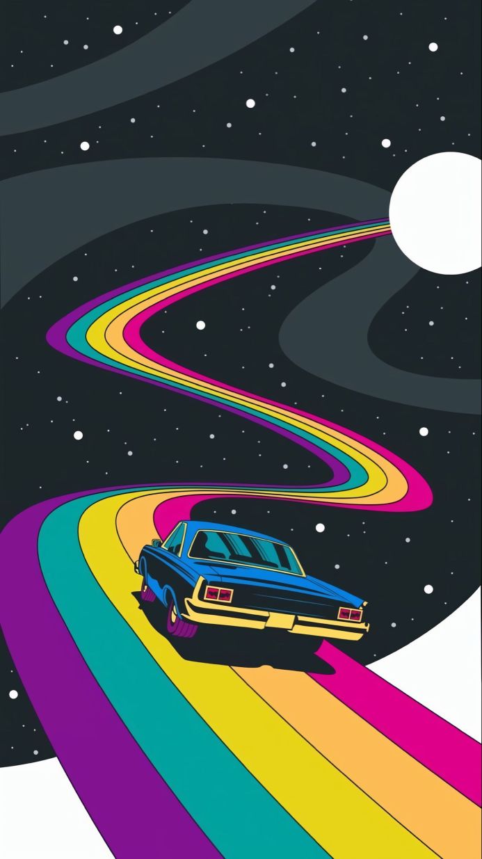 A blue car drives on a rainbow road through space toward a white moon