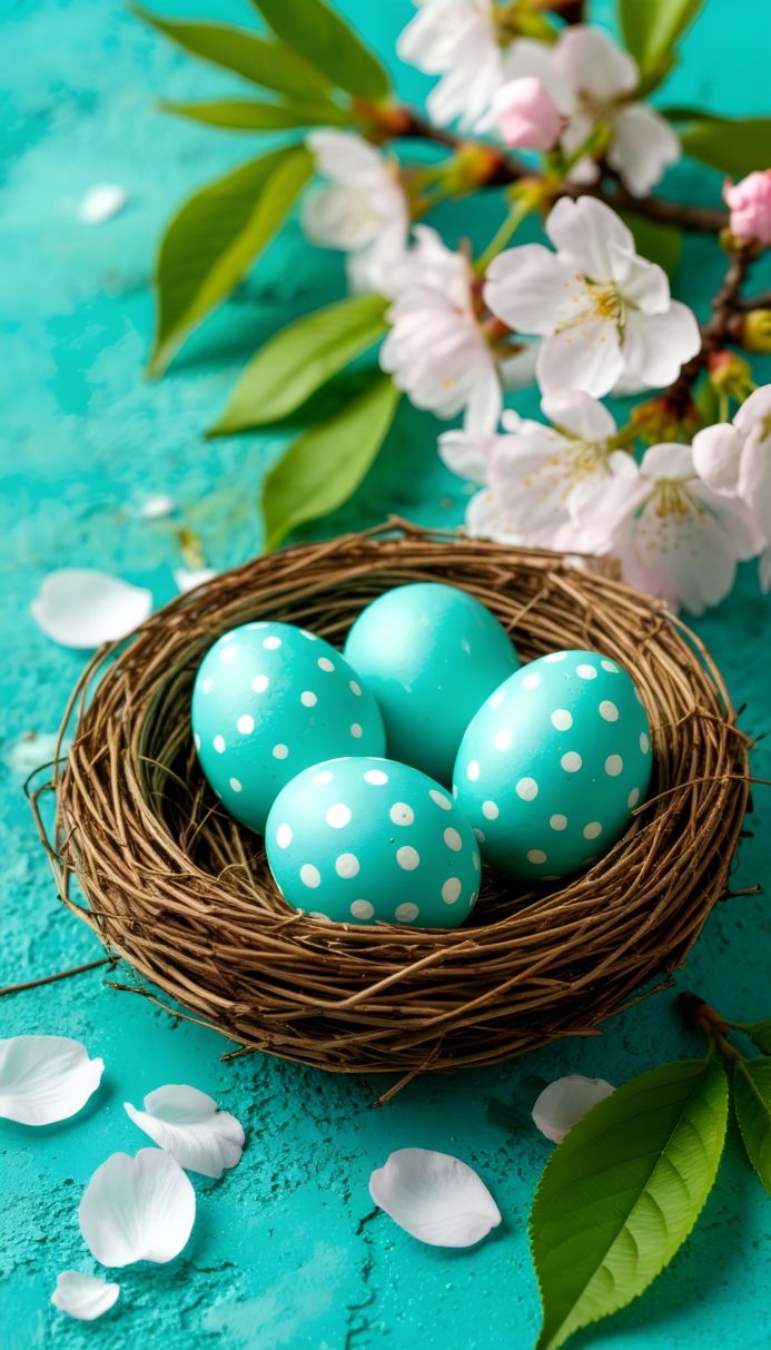 Four blue easter eggs in a nest with white flowers on a blue background