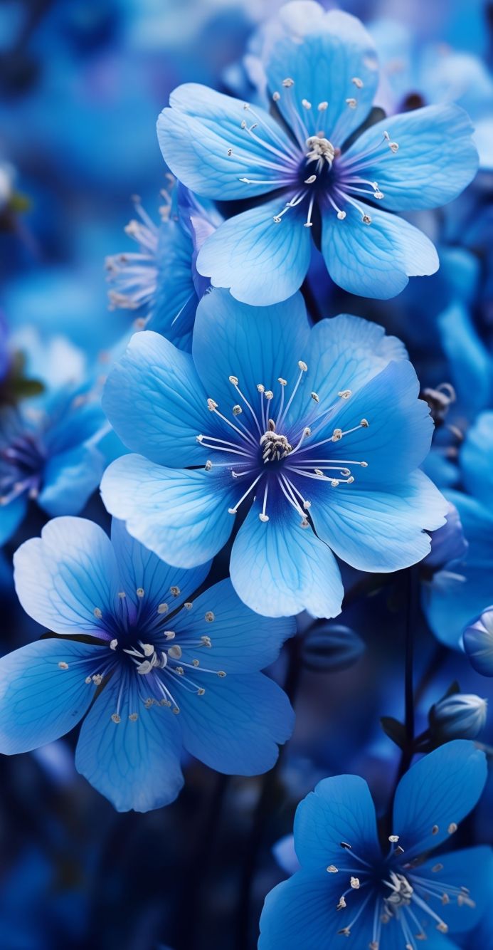 A close-up of blue flowers with white and navy details in a monochrome color scheme