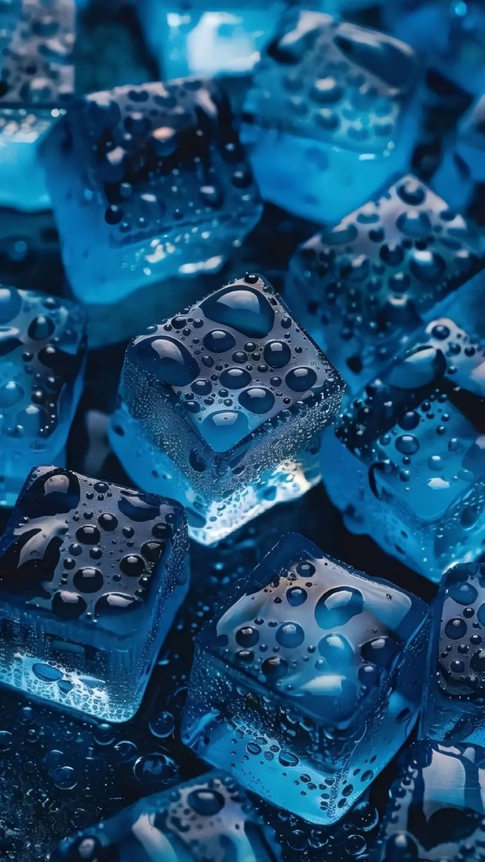 Close-up of wet ice cubes with water droplets, illuminated in blue light