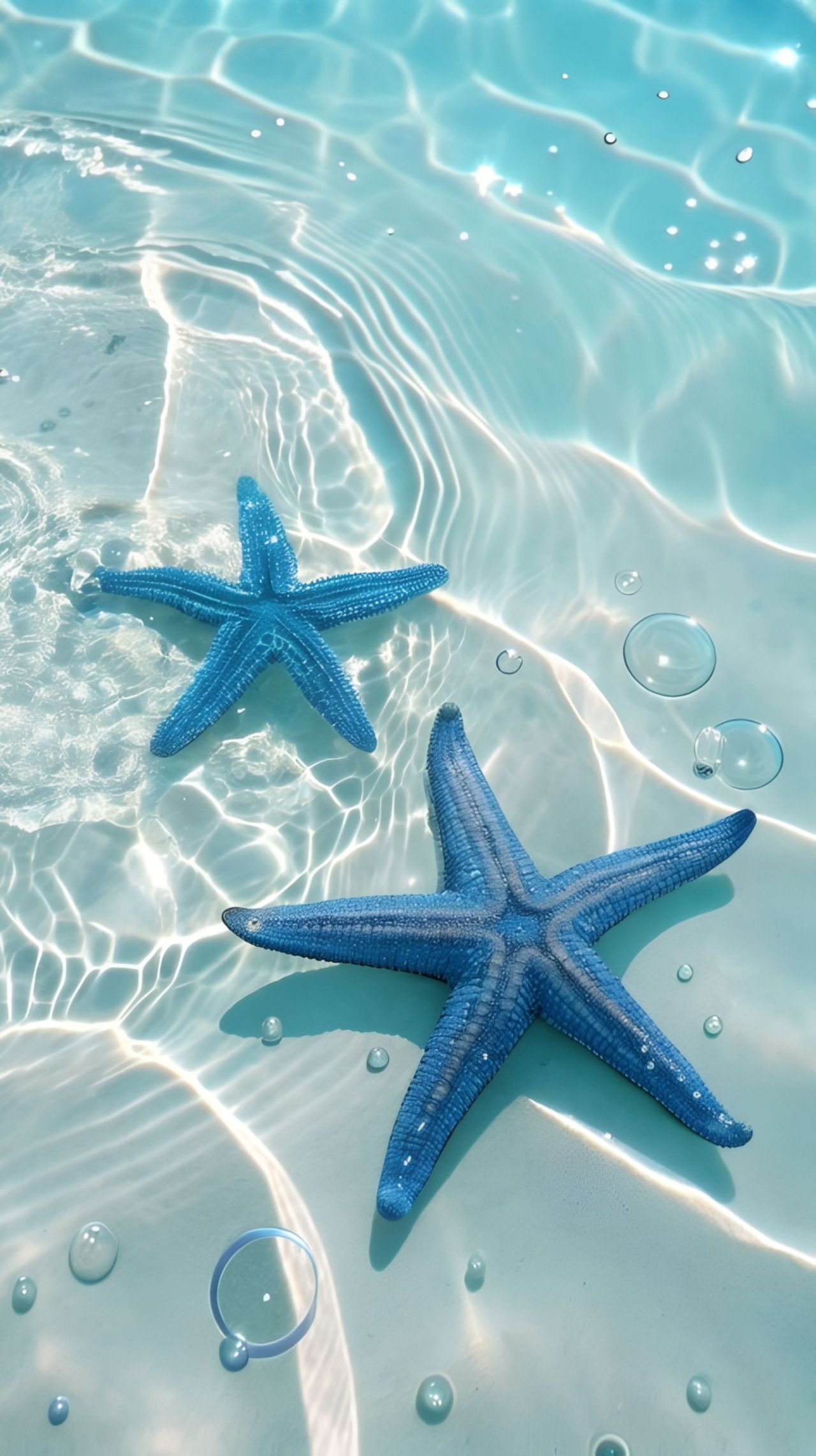 Two blue starfish underwater with sun reflections
