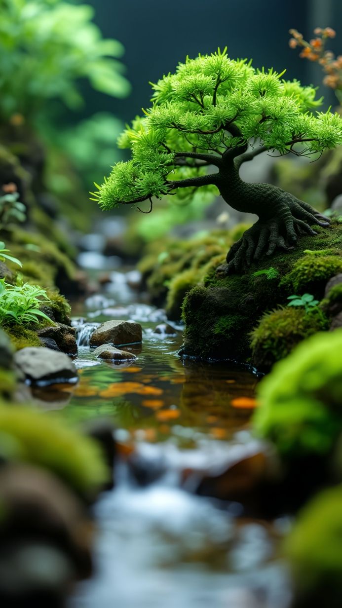 A small bonsai tree beside a flowing stream in a miniature landscape